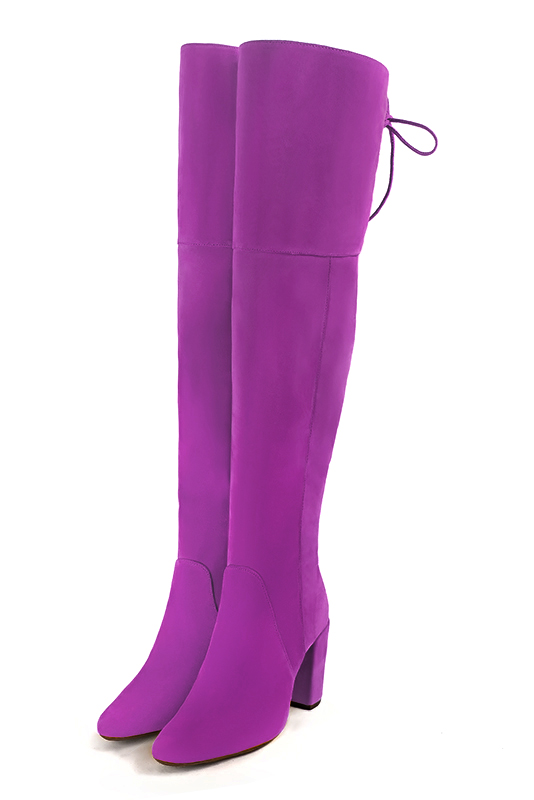 Timeless women's leather over-the-knee boots handcrafted to your exact leg measurements, delivering a sculpted, sleek silhouette, in mauve leather with round toe and high block heel